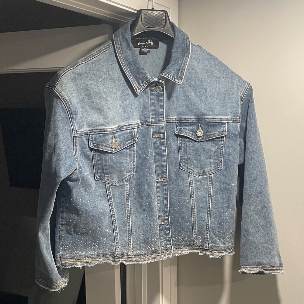 Joseph Ribkoff Blue Denim Jacket with Rhinestones - Protective film on buttons!
